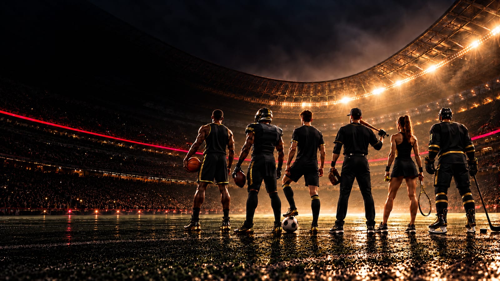 Six athletes in black and gold kit, seen from behind, holding gear from different sports in a floodlit stadium at night